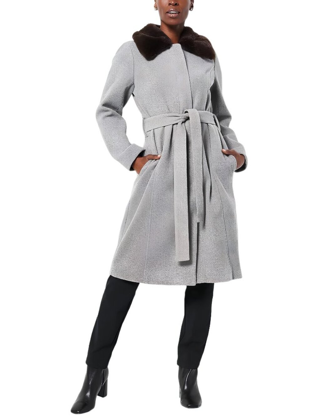 NWT J Jason Wu Woven Belted Coat Faux Fur Collar Trim Dark Heather Gray Large